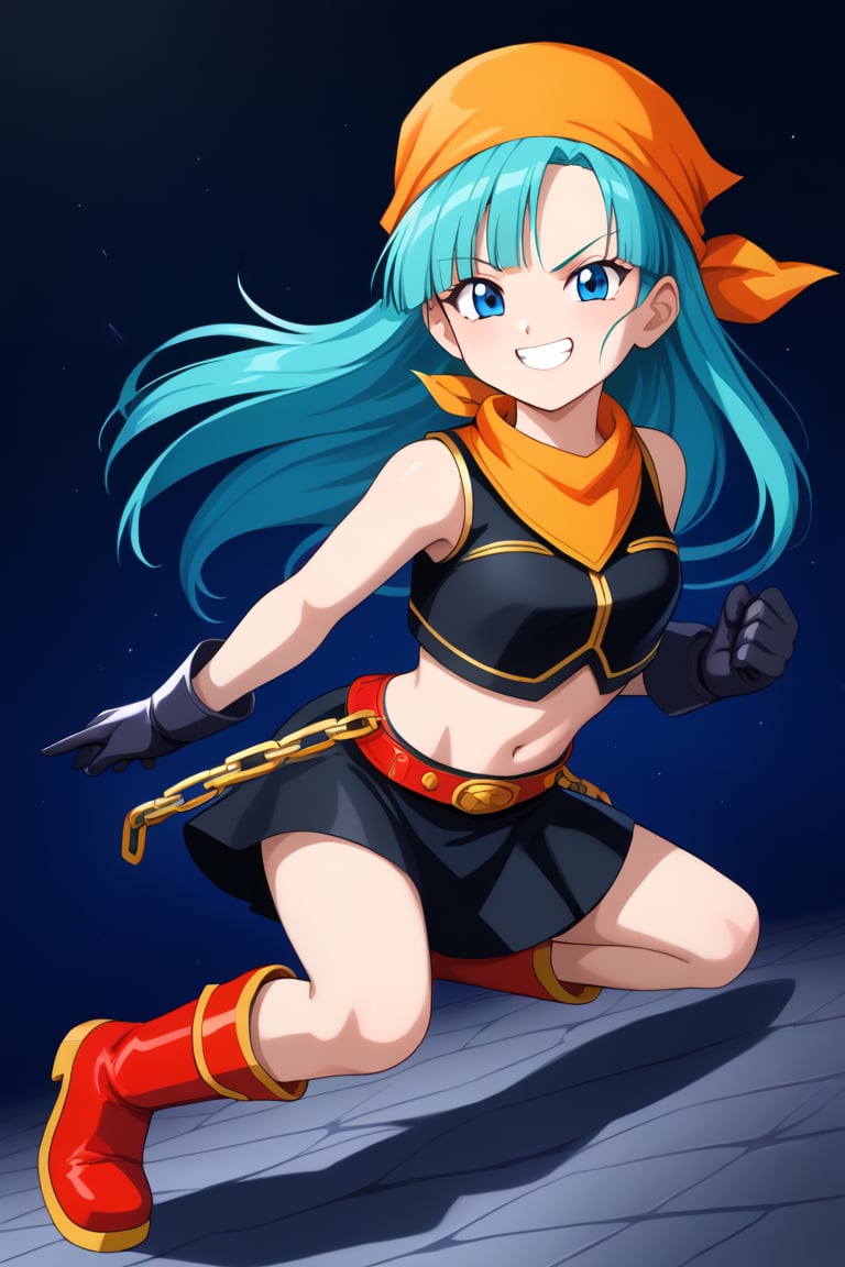 best quality, (masterpiece),(ultra-detailed), (high quality), (high resolution), , 1girl, aqua hair, black gloves, black skirt, blue eyes, boots, brapan, chain, crop top, gloves, grin, long hair, midriff , red footwear, shirt, skirt, solo,bandana,