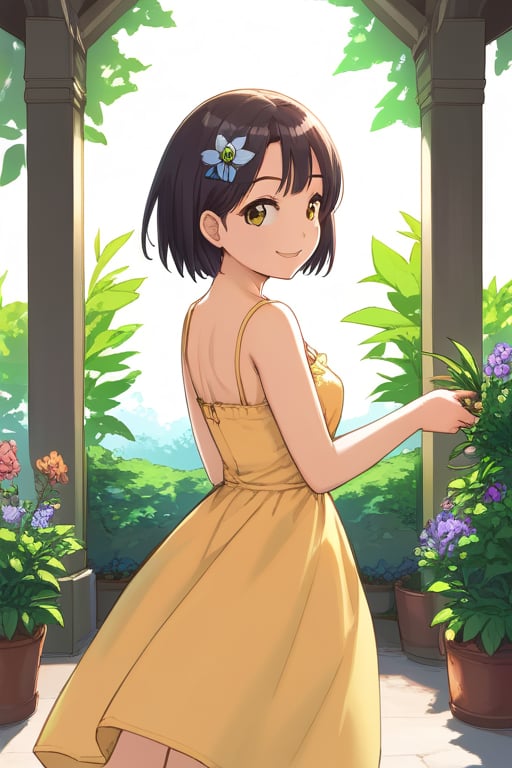 masterpiece, best quality, absurdres, perfect anatomy, 1girl, solo, Rinwell, short hair, hair ornament, from behind, sundress, yellow sundress, garden, day, sunshine, smile, looking back