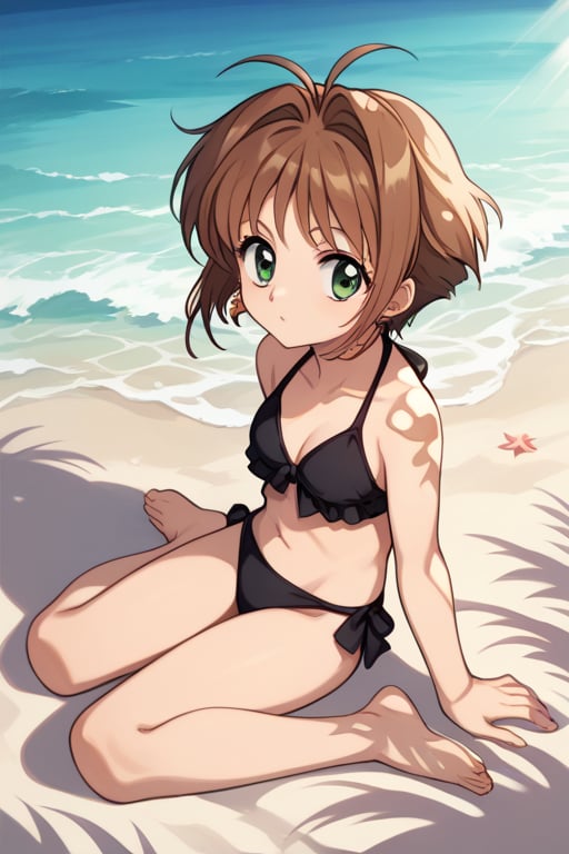 source_anime, score_9, score_8_up, score_7_up, anime screenshot, absurdities, official style, 1 girl, kinomoto sakura, antenna hair, brown hair, short hair, green eyes, earrings, black bikini, barefoot, beach, dappled sunlight, sitting, looking at viewer, ocean, 