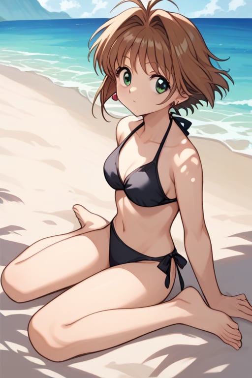 source_anime, score_9, score_8_up, score_7_up, anime screenshot, absurdities, official style, 1 girl, kinomoto sakura, antenna hair, brown hair, short hair, green eyes, earrings, black bikini, barefoot, beach, dappled sunlight, sitting, looking at viewer, ocean, 