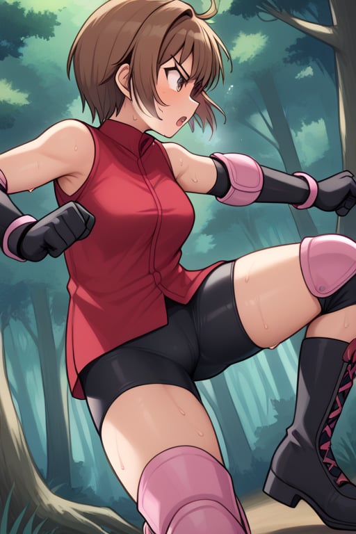 SakuraH, fighting stance, she wears bike shorts under her miniskirt, pink miniskirt with slit, red shirt, sleeveless, pink elbow pads, black gloves, brown hair, short hair, (transparent), black boots, sweating, in a forest,