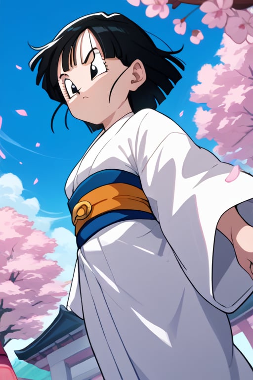 source_anime, score_9, score_8_up, score_7_up, anime screencap,8k, absurd res,pan \(dragon ball\), short hair, bangs, black hair, black eyes,dutch angle, white kimono, cherry blossoms, sash, floating hair, from below, looking to the side, blue sky, 