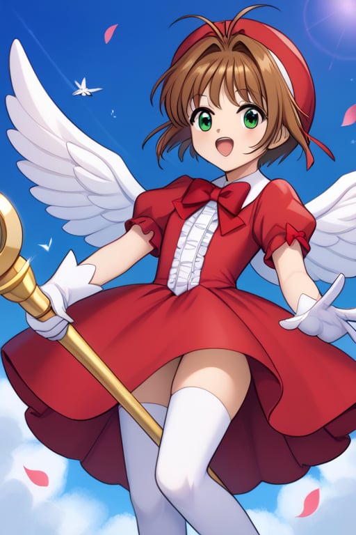 masterpiece, best quality, highres, kinomoto sakura, 1girl, brown hair, short hair, antenna hair, red headwear, green eyes, frills, red dress, puffy short sleeves, white gloves, red bow, white thighhighs, wings, , fly, sky, holding staff, wand, fuuin no tsue, open mouth, bound, petals, cowboy shot