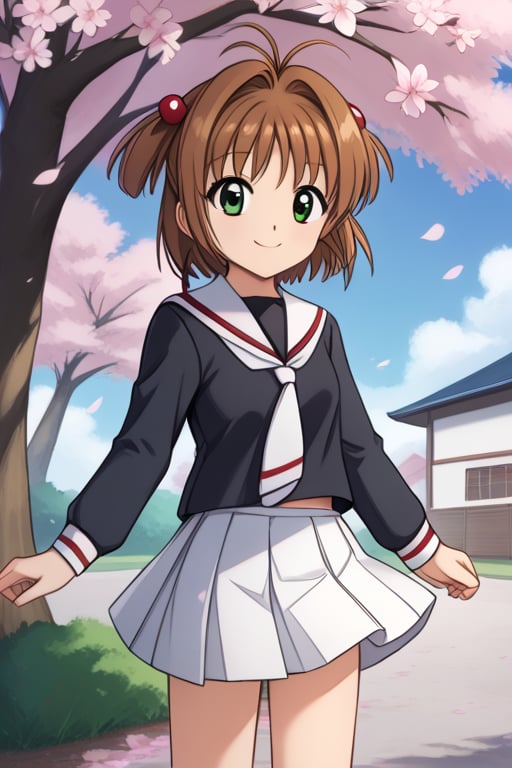 masterpiece, best quality, highres, kinomoto sakura, 1girl, brown hair, short hair, antenna hair, two side up, hair bobbles, green eyes, school uniform, white sailor collar, black shirt, long sleeves, white skirt, pleated skirt, , cowboy shot, standing, cherry blossoms, outdoors, smile