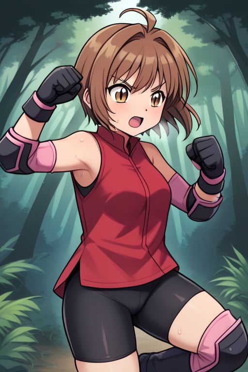 SakuraH, fighting stance, she wears bike shorts under her miniskirt, pink miniskirt with slit, red shirt, sleeveless, pink elbow pads, black gloves, brown hair, short hair, (transparent), black boots, sweating, in a forest,