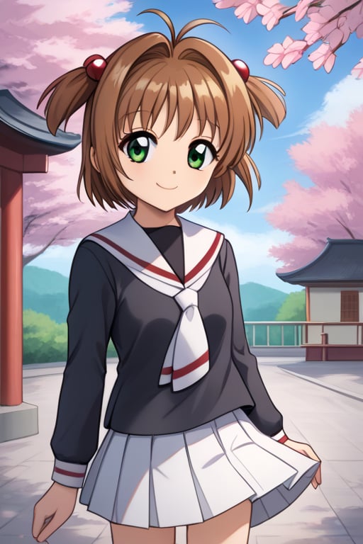 masterpiece, best quality, highres, kinomoto sakura, 1girl, brown hair, short hair, antenna hair, two side up, hair bobbles, green eyes, school uniform, white sailor collar, black shirt, long sleeves, white skirt, pleated skirt, , cowboy shot, standing, cherry blossoms, outdoors, smile