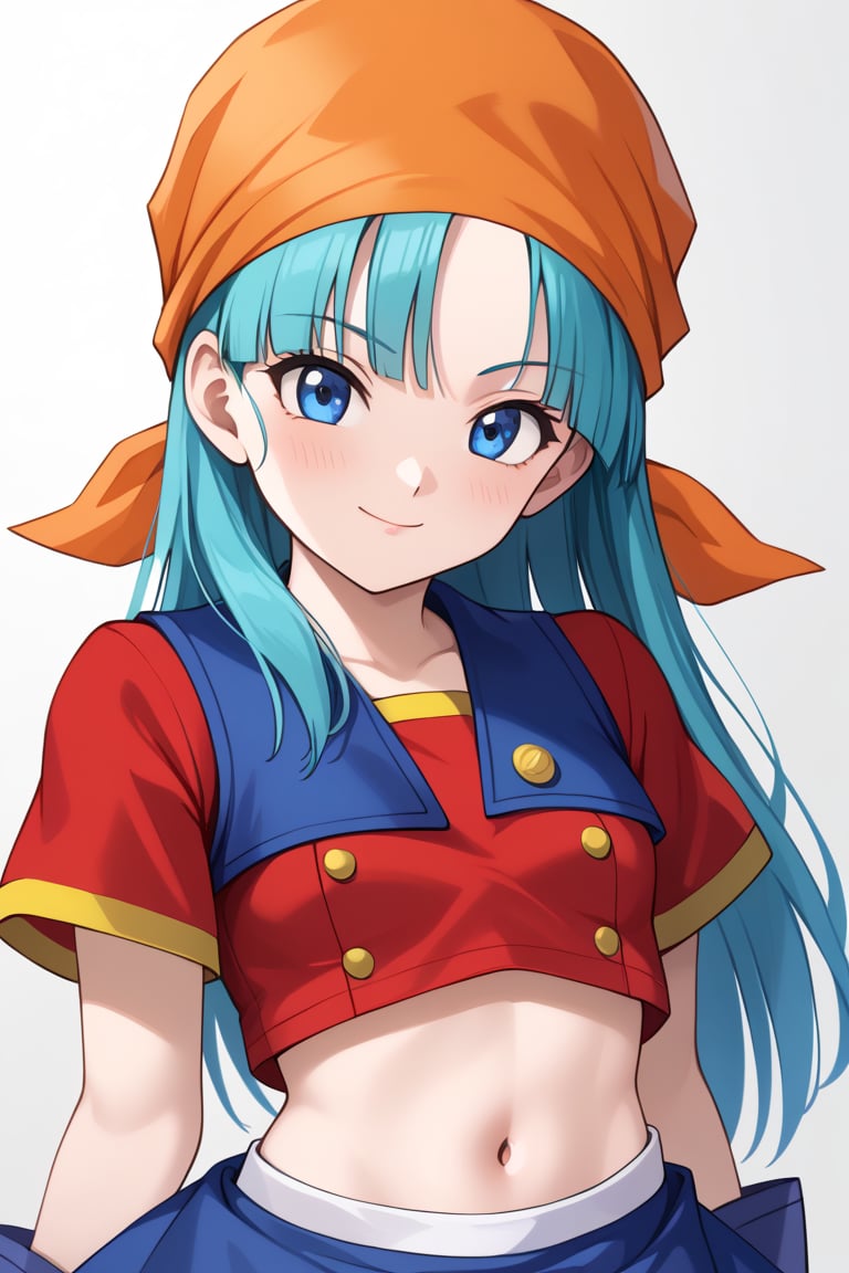 best quality, (masterpiece),(ultra-detailed), (high quality), (high resolution), , 1girl, aqua hair, blue eyes, brapan, gloves, long hair, red shirt, solo,bandana, upper body, short sleeves, navel, skirt,