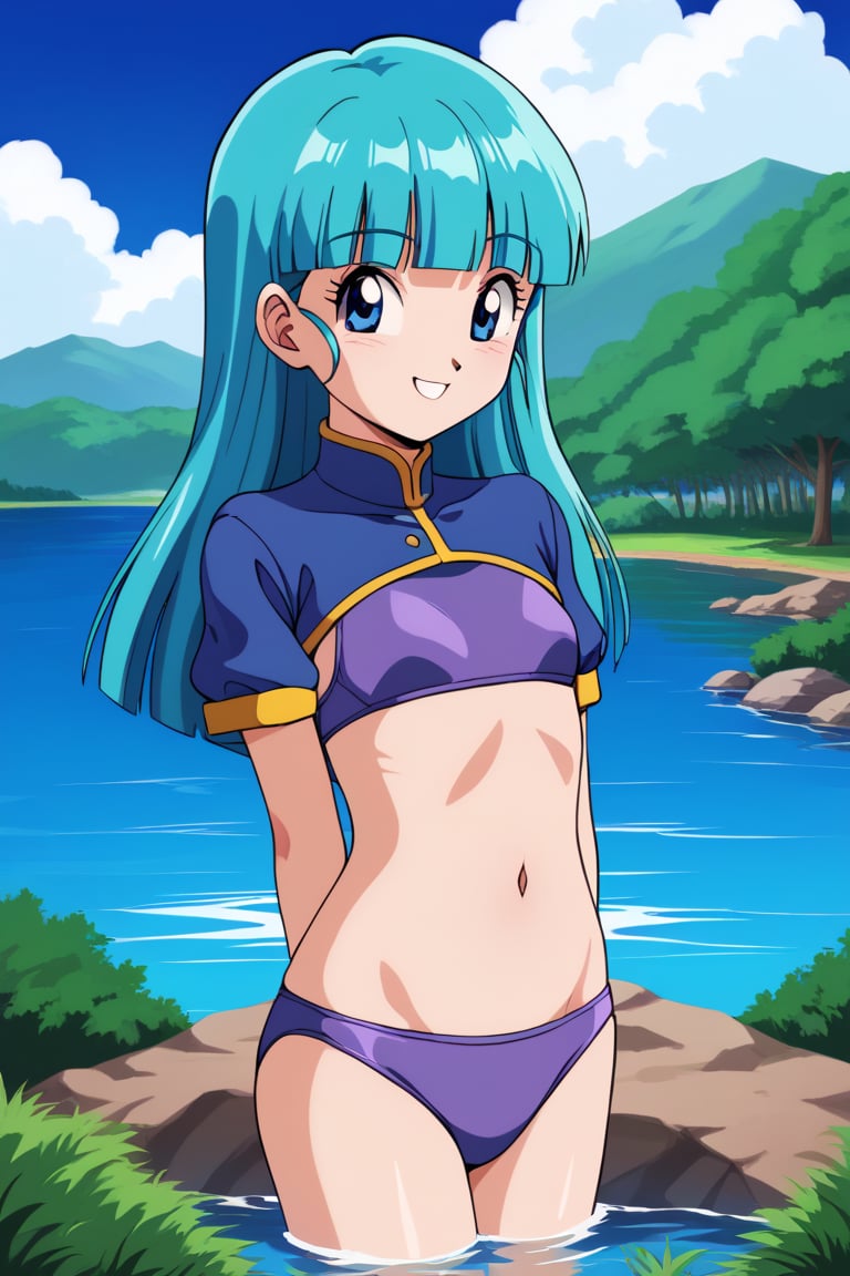 best quality, masterpiece,retro artstyle,maron, cloud, outdoors, day, blue sky,tree, 1girl, (purple bikini), aqua hair, blue eyes,water, lake,smile,(white short shrug \(clothing\):1.2),long hair,blunt bangs,short sleeves 