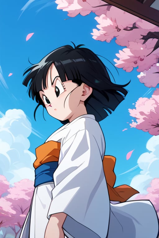 source_anime, score_9, score_8_up, score_7_up, anime screencap,8k, absurd res,pan \(dragon ball\), short hair, bangs, black hair, black eyes,dutch angle, white kimono, cherry blossoms, sash, floating hair, from below, looking to the side, blue sky, 