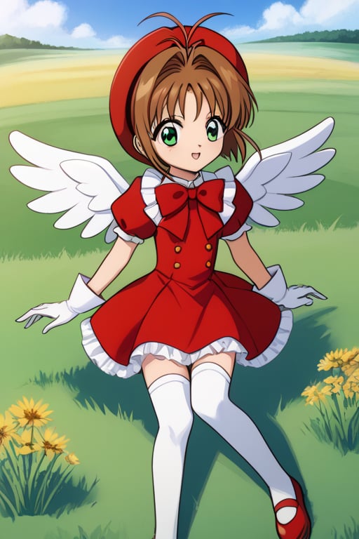 masterpiece, best quality, highres, kinomoto sakura, 1girl, brown hair, short hair, antenna hair, red headwear, green eyes, frills, red dress, puffy short sleeves, white gloves, red bow, white thighhighs, wings, , field, :o, wariza, grass, kero