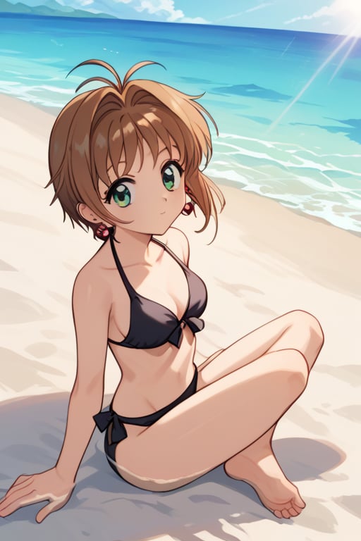 source_anime, score_9, score_8_up, score_7_up, anime screenshot, absurdities, official style, 1 girl, kinomoto sakura, antenna hair, brown hair, short hair, green eyes, earrings, black bikini, barefoot, beach, dappled sunlight, sitting, looking at viewer, ocean,