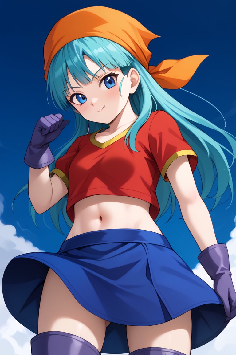 best quality, (masterpiece),(ultra-detailed), (high quality), (high resolution), , 1girl, aqua hair, blue eyes, brapan, gloves, long hair, red shirt, solo,bandana, upper body, short sleeves, navel, skirt, thigh boots,