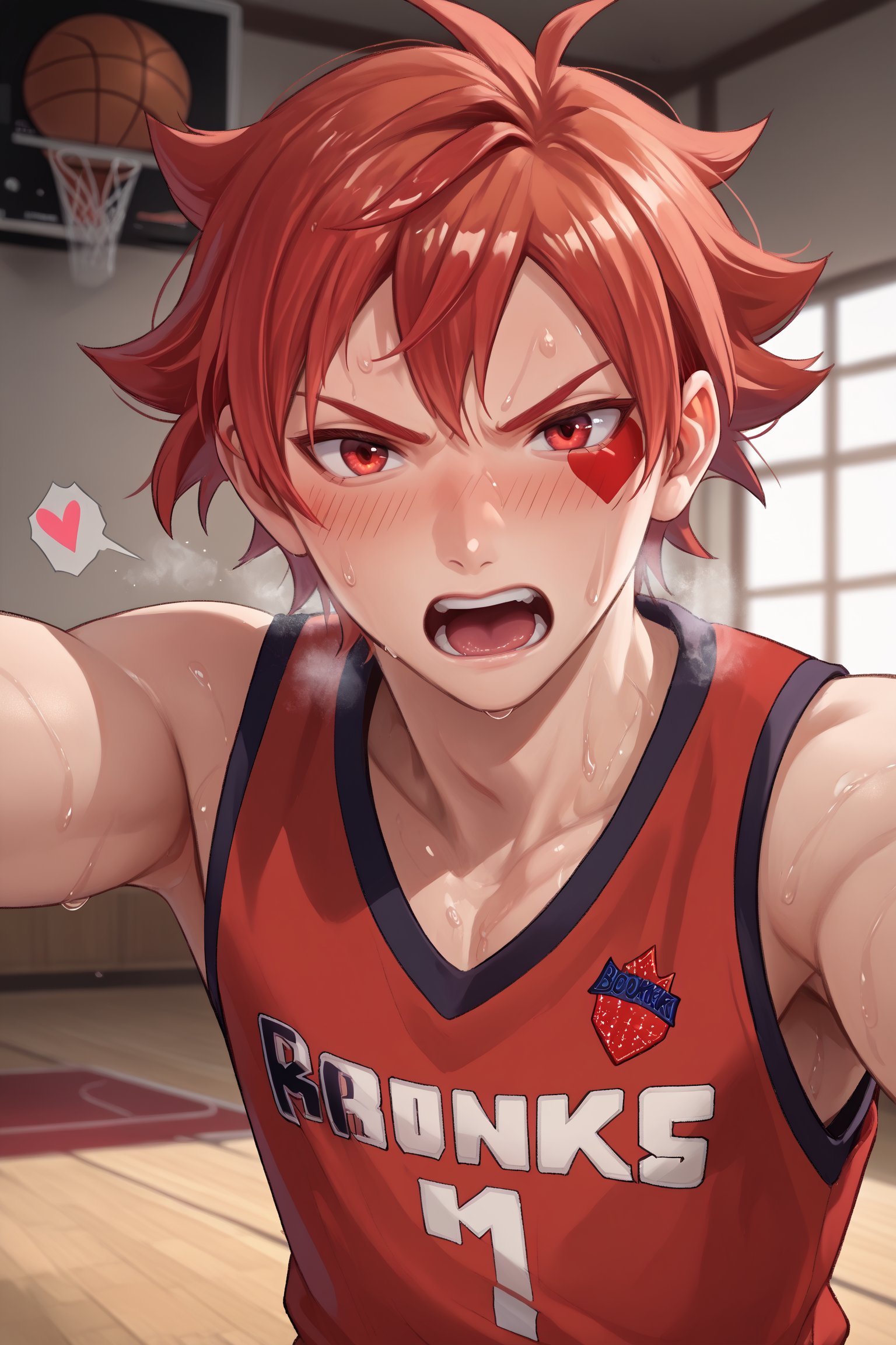 score_9, score_8_up, score_7_up, masterpiece, best quality, highres,detailed beautiful face and eyes,solo, 6_pack,BREAK,1boy,BREAK,open mouth,(heavy breathing),(sweat_drops:1.4),blushing,angry,BREAK,indoor,BREAK,(face focus) ,BREAK,,BERAK,source_anime,BREAK,basketball uniform, tank top,sweat shirt,BREAK,Expressiveh,score_6_up,score_5_up,score_4_up,BREAK,acetrap,red hair, red eye,facial mark, heart, heart facial mark,POVSIT,((kabedon on viewer))