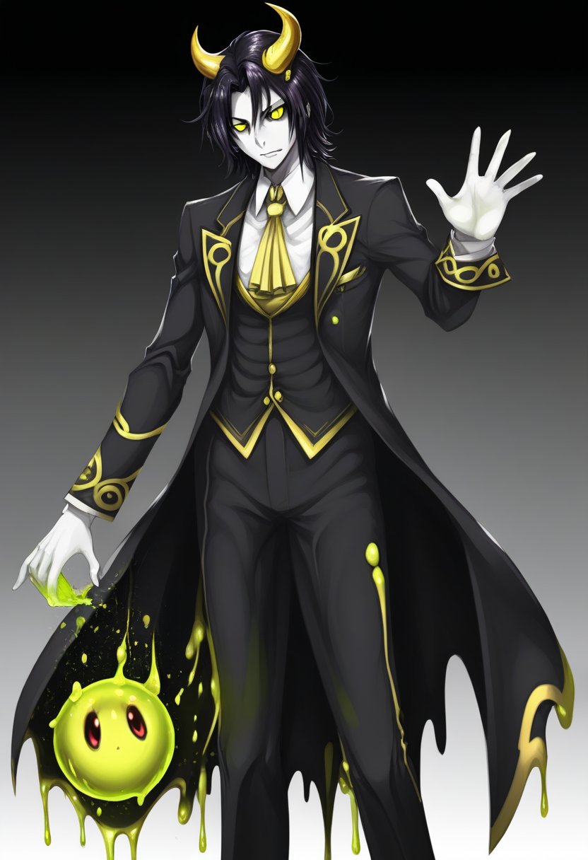 1 man, Devil of tensei shitara slime, dark black hair, black eyes with golden pupils, full butler outfit.

,score_9, score_8_up, score_7_up,