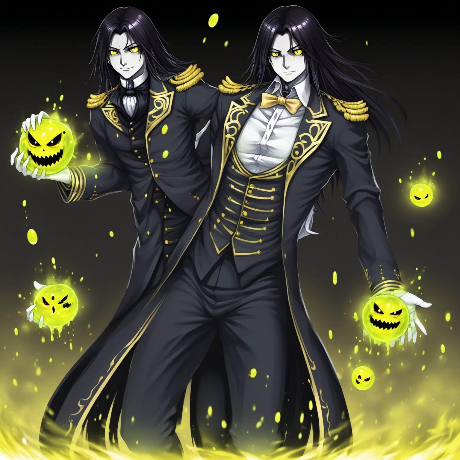 1 man, diablo of tensei shitara slime, dark black hair, black eyes with golden pupils, full butler outfit.

,score_9, score_8_up, score_7_up,