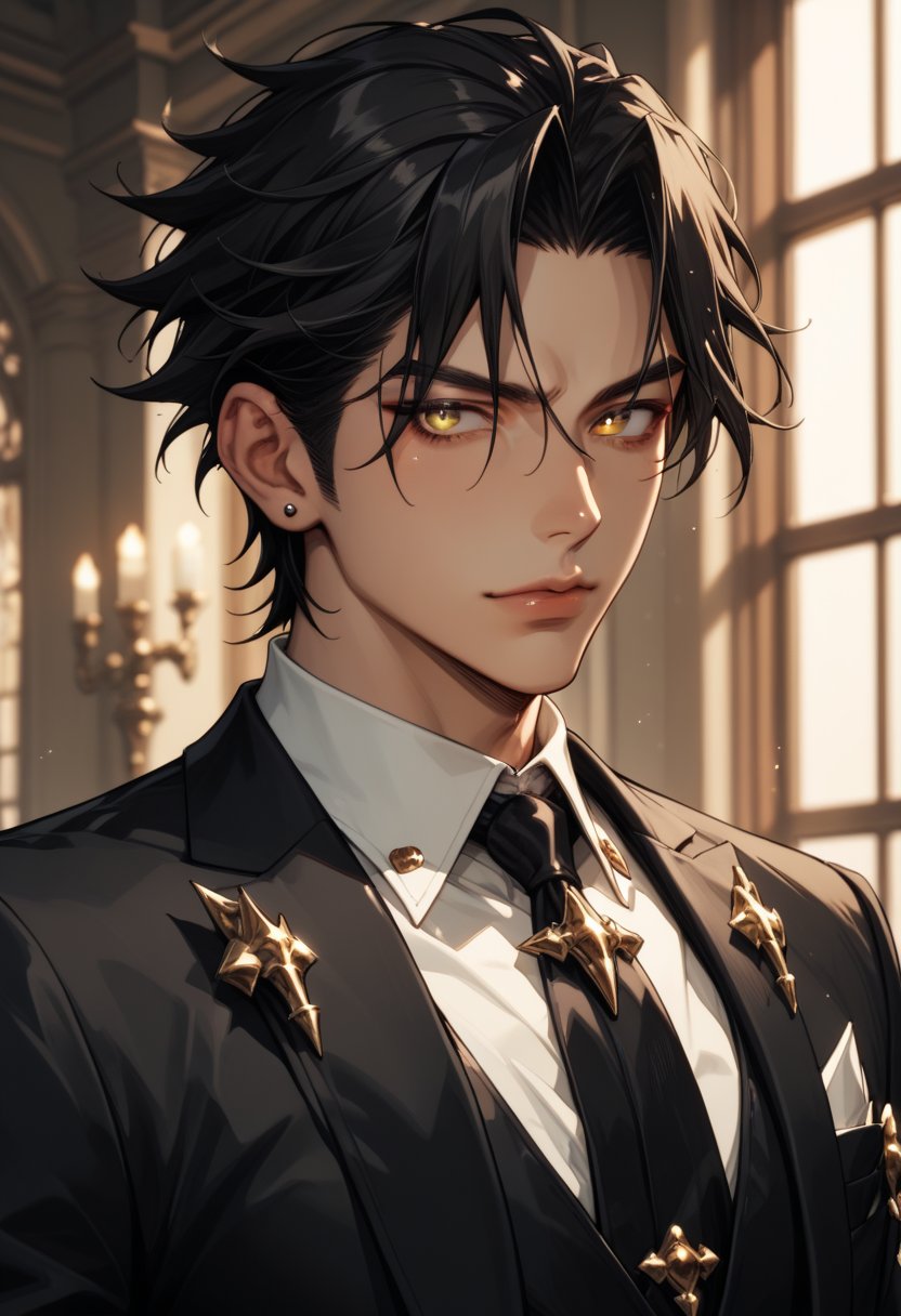 1 man, Devil of tensei shitara slime, dark black hair, black eyes with golden pupils, full butler outfit.

,score_9, score_8_up, score_7_up,