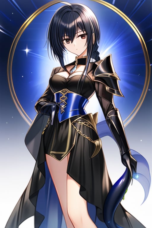 1girl, Pandora of Saint seiya Lost canvas, Muver in her 30's white, very long and shiny black hair, black eyes, long pure black dress, open leg at the thigh, black metal corset in the shape of armor, wearing a black braid, metal ornament on the leg in the shape of a black snake,