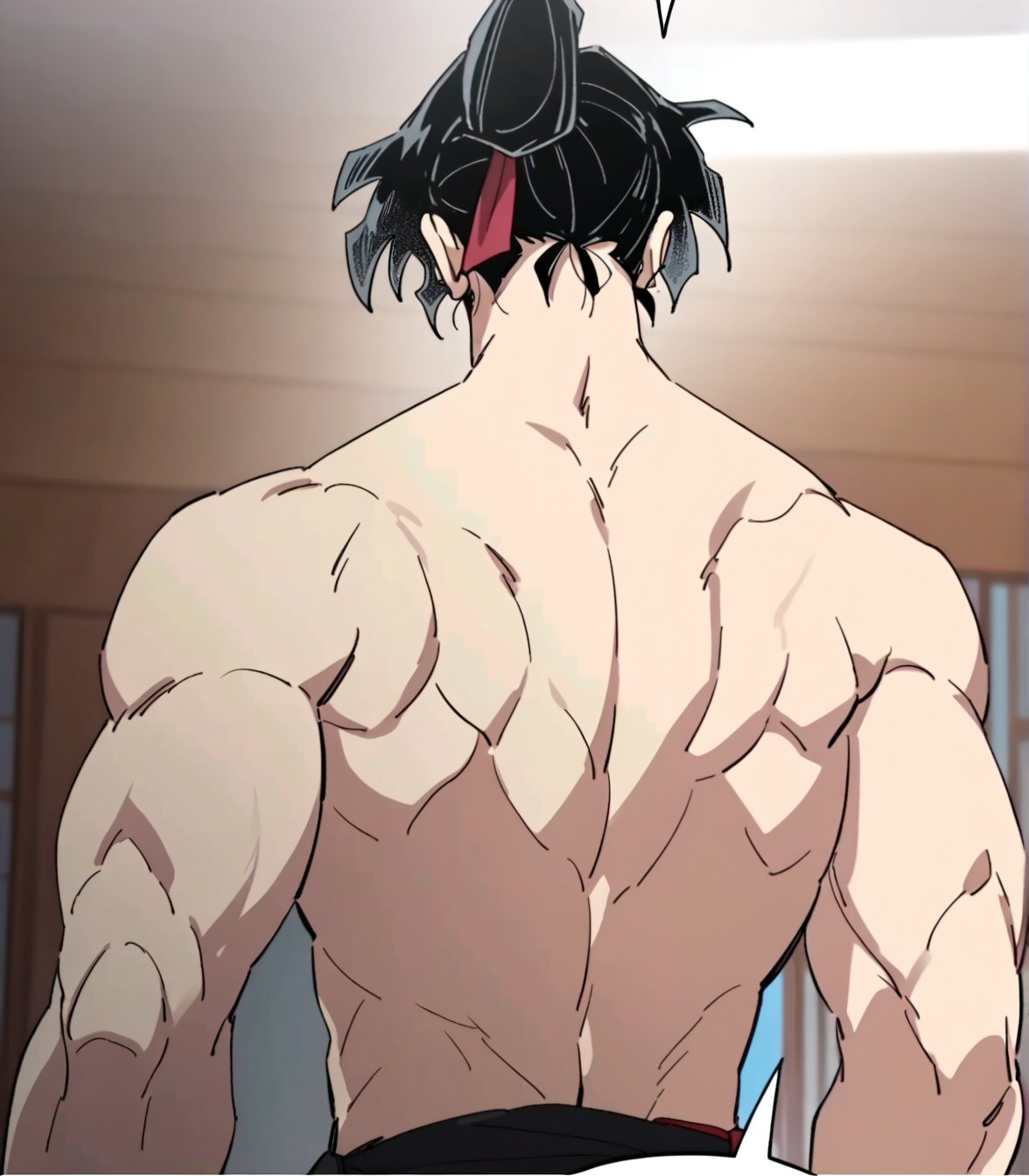 score_9, score_8_up, score_8, anime_screencap,good drawing, best quality,illustration, ,masterpiece, best qualit
y, highres, male muscle,  (views to top),
 ((side angled view, body view, body fit)), 1 boy, chung myung,black hair,ponytail,long hair,eyes visible through hair,muscular,muscular male,red eyes