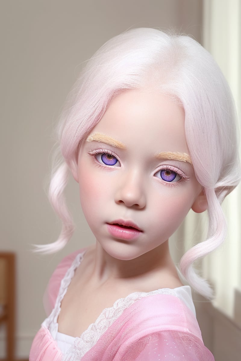 score_9, score_8_up, solo, (upper body), little girl 7 year-old, (PINK eyes:1.3),(red  dress),((albino, white eyebrows, white eyelashes))((long white hair))  white skin, detailed skin texture,  (dynamic pose) (looking at viewer),  bows, perfectly illumination, photorealistic, indoors,ALG,