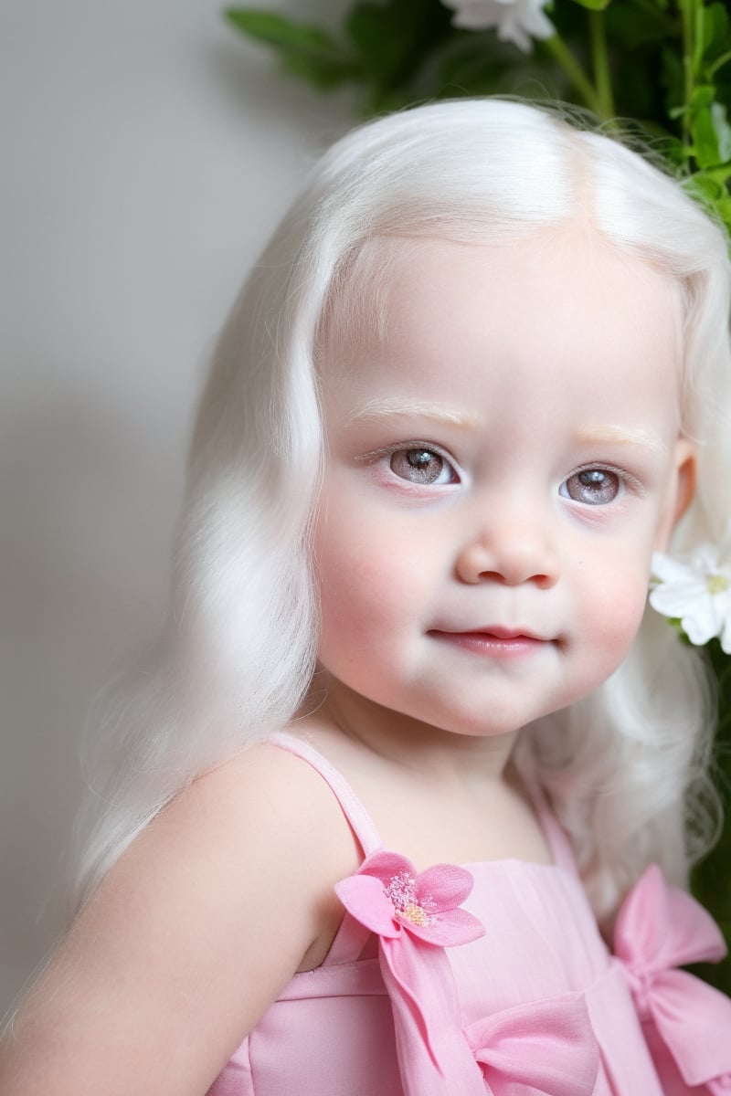 score_9, score_8_up, solo, (upper body), little girl 7 year-old, (PINK eyes:1.3),(red  dress),((albino, white eyebrows, white eyelashes))((long white hair))  white skin, detailed skin texture,  (dynamic pose) (looking at viewer),  bows, perfectly illumination, photorealistic, indoors,ALG,rfc,big flowers,hair flower