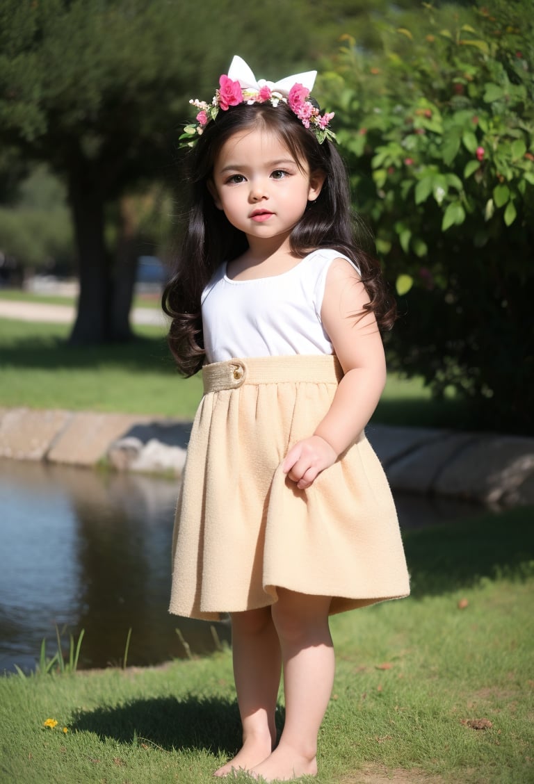 (full body photo of a toddler girl 5 year-old), real flowers crown, floral crown, flower, perfect face, standing on the grass near a pond, there are ducks, many bushes and trees in the background, white hair, Long messy Wavy Hair, hair bow,  realistic, skirt suspenders, best possible lighting, detailed face, thick and detailed hair, lips,MSWS,William Morris Art,Long Natural Wavy Hair,rfc