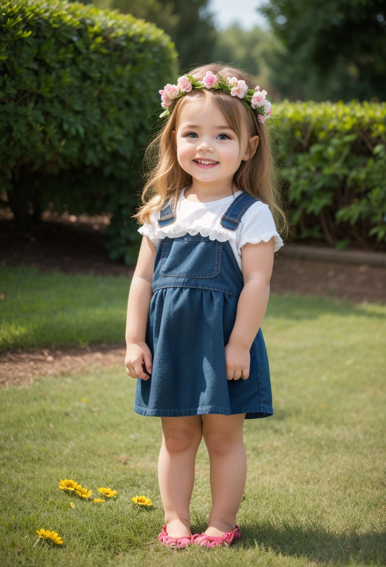 (full body photo of a toddler girl 5 year-old), real flowers crown, floral crown, flower, perfect face, standing on the grass near a pond, there are ducks, many bushes and trees in the background, white hair, Long messy Wavy Hair, hair bow,  realistic, skirt suspenders, best possible lighting, detailed face, thick and detailed hair, lips,MSWS,William Morris Art,Long Natural Wavy Hair,rfc