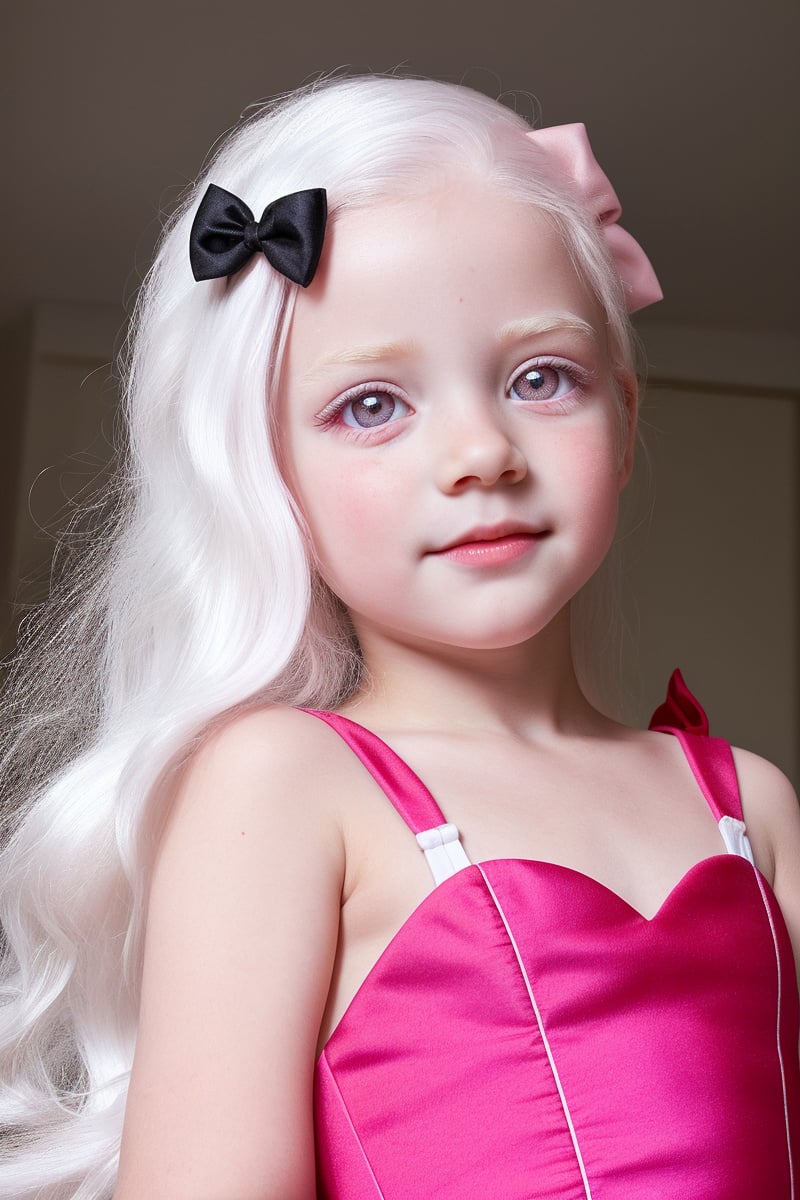 score_9, score_8_up, solo, (upper body), little girl 7 year-old, (PINK eyes:1.3),(red  dress),((albino, white eyebrows, white eyelashes))((long white hair))  white skin, detailed skin texture,  (dynamic pose) (looking at viewer),  bows, perfectly illumination, photorealistic, indoors,ALG,