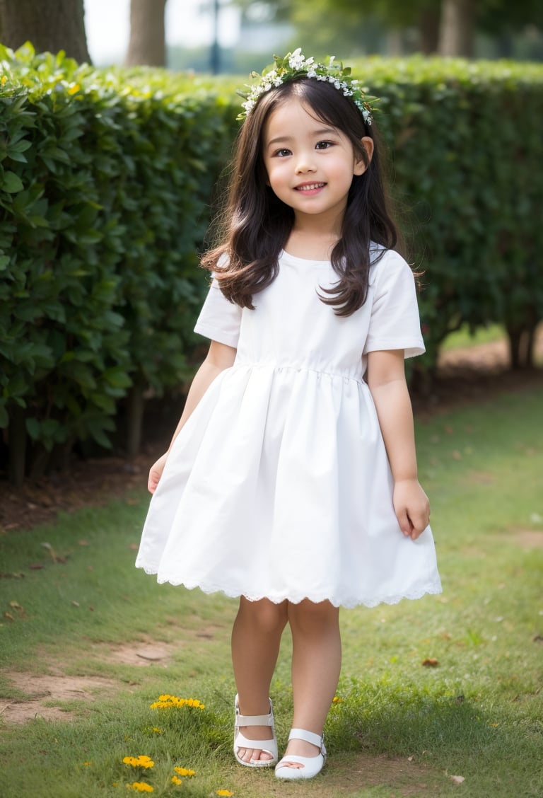 (full body photo of a toddler girl 5 year-old), real flowers crown, floral crown, flower, perfect face, standing on the grass near a pond, there are ducks, many bushes and trees in the background, white hair, Long messy Wavy Hair, hair bow,  realistic, skirt suspenders, best possible lighting, detailed face, thick and detailed hair, lips,MSWS,William Morris Art,Long Natural Wavy Hair,rfc