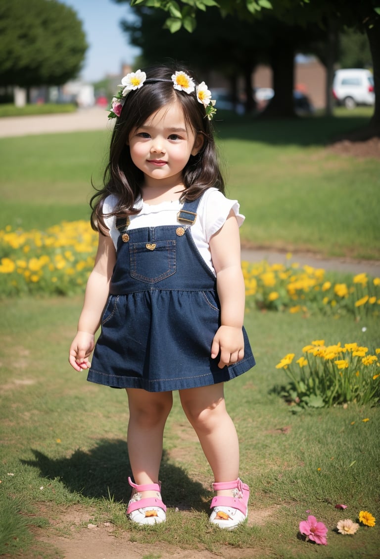 (full body photo of a toddler girl 5 year-old), real flowers crown, floral crown, flower, perfect face, standing on the grass near a pond, there are ducks, many bushes and trees in the background, white hair, Long messy Wavy Hair, hair bow,  realistic, skirt suspenders, best possible lighting, detailed face, thick and detailed hair, lips,MSWS,William Morris Art,Long Natural Wavy Hair,rfc