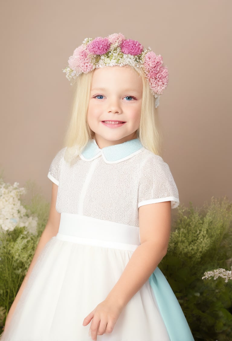 upper body, girl 7 year-old, vintage dress, short sleeves, collar, blond hair, photo studio, dark simple blurred background, perfectly illumination,vdress,rfc,floral headpiece,big flowers,ALBINO,WHITE EYEBROWS,WHITE EYELASHES,WHITE HAIR,ALG,WHITE SKIN,MSWS,skirt suspenders