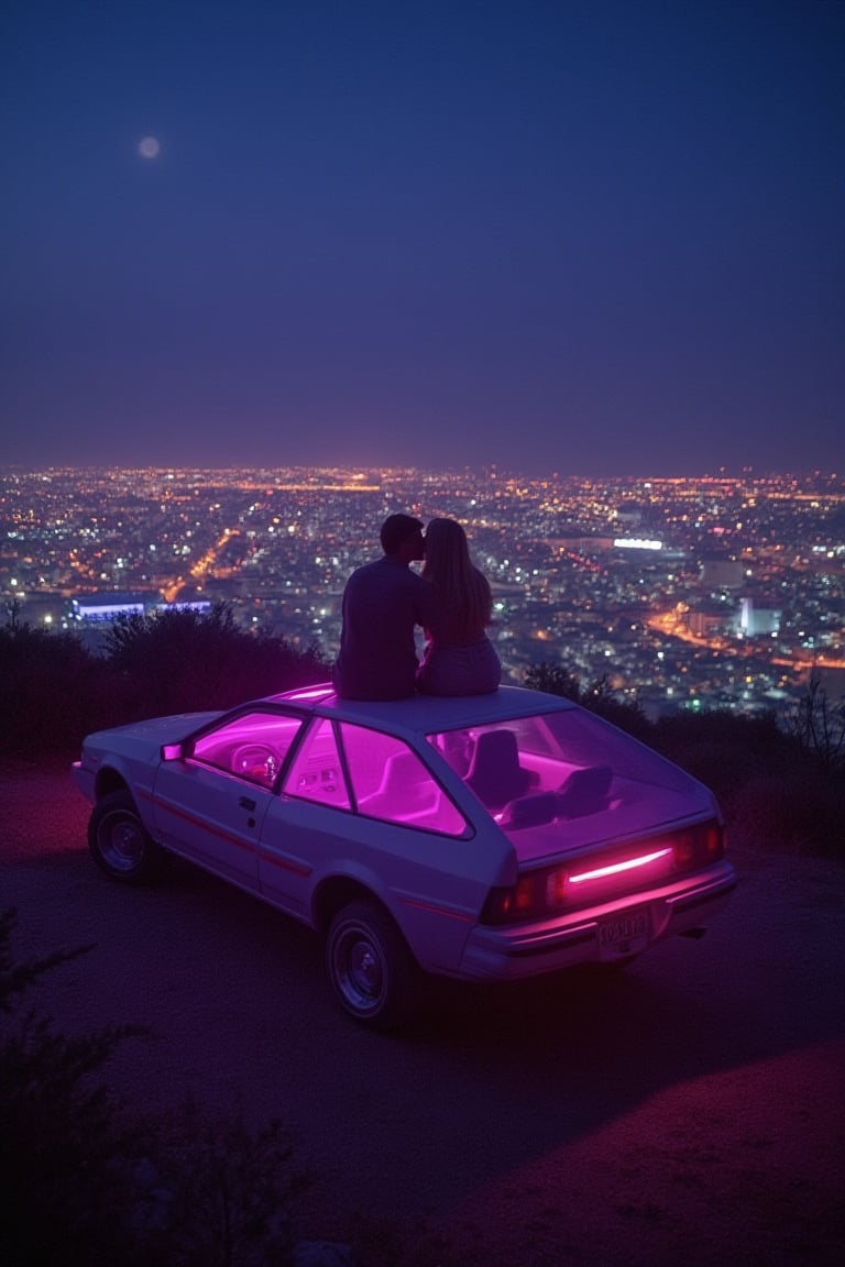 1980s scenery of a car parked on a hilltop overlooking a city at night, a man and a woman sitting on the hood of the car kissing, inside of the car is glowing violet ambient light, the scene has a retro and romantic mood, 1980 vintage film filter appearance, nighttime with pink and blue neon, vivid and sharp, vibrant and contrasting colors