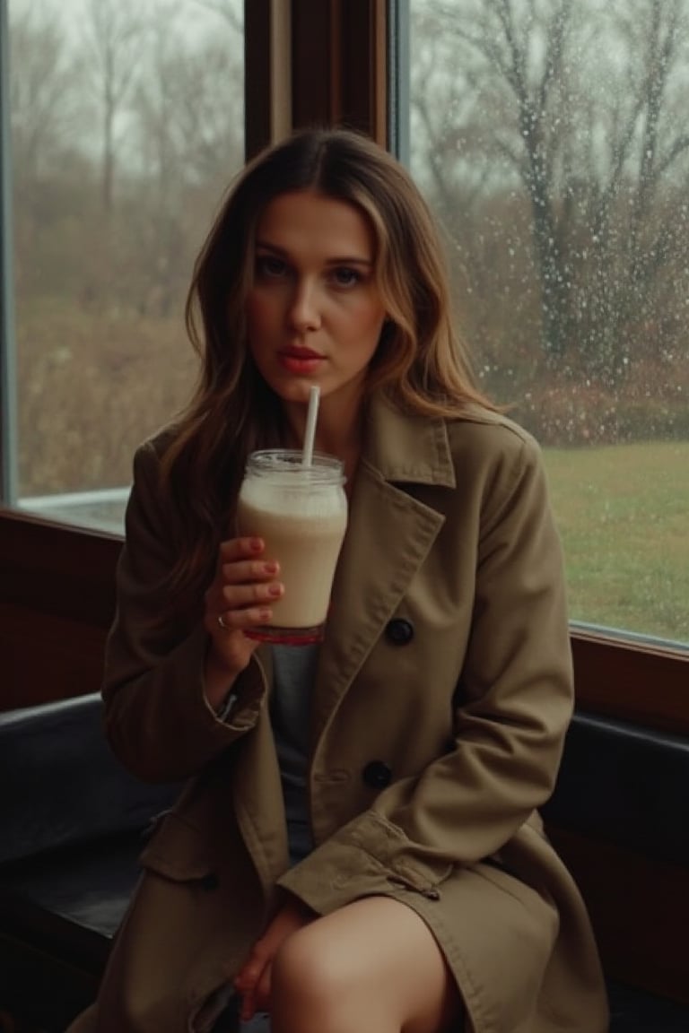 Millie Bobby Brown, she is drinking a milk shake, sitting in a bar, she is wearing a brown trench coat, she has long hair, relaxed, while outside is raining, landscape from the window, autumn day