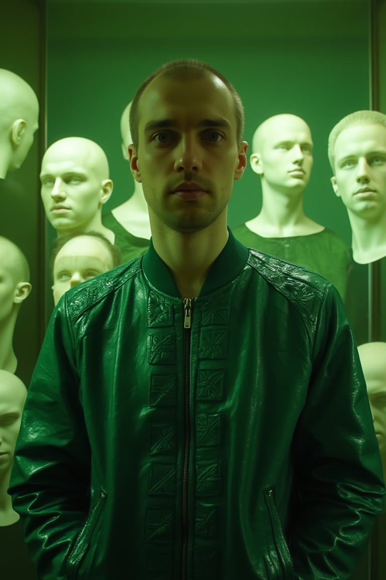 A ghostly picture unfolds before you: upper body, full-length photo,  a young Russian man smiles, solemn gaze fixed on the camera, relaxed dynamic posture, wearing an green color leather bomber decorated with intricate square geometric patterns. He stands resolutely against a blurry green background of white mannequin heads whose faces are frozen in stoic silence. The warm golden light from above and subtle cold side lighting create an atmosphere of contemplation, while the shallow depth of field and grainy film grain evoke a sense of dreamy unease. Surrealism,ifil5