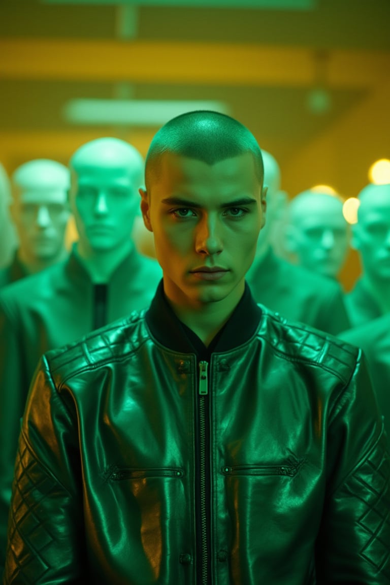 A ghostly picture unfolds before you: a young Russian man, shaved head gleaming, solemn gaze fixed on the camera, wearing an emerald green leather bomber jacket decorated with intricate square geometric patterns. He stands resolutely against a blurry green background of white mannequin heads whose faces are frozen in stoic silence. The warm golden light from above and subtle cold side lighting create an atmosphere of contemplation, while the shallow depth of field and grainy film grain evoke a sense of dreamy unease. Surrealism