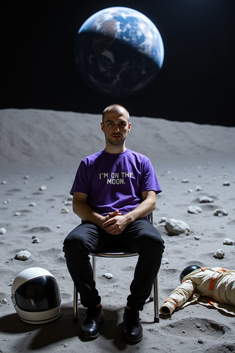 award-winning photograph, ultra realistic, 8k resolution, cinematic lighting, volumetric lights, hard edge lighting, hyper-realistic, HDR, high volume, interstellar atmosphere)

man, sitting alone in a lunar crater, buzzcut hair, surrounded by blades. Sitting in a chair facing the camera, holding an astronaut helmet. His empty and deflated astronaut suit lies nearby on the crater. He is wearing sportswear - a purple t-shirt with the text "I'm on the Moon". 

The surrounding environment has a space atmosphere with space dust. Earth is visible in the sky. The lighting is dramatic, with sharp shadows and highlights. Maximum detail, realistic textures.,ifil5,Enhanced all