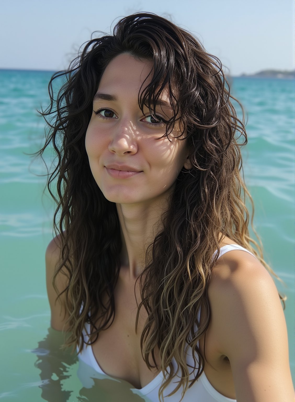 Coastal beauty: A young woman emerges from the turquoise sea, her curly locks dripping with water, framing her radiant face. The warm sunlight casts a golden glow on her skin as she gazes out at the horizon, her tousled hair blowing gently in the ocean breeze.,at4r