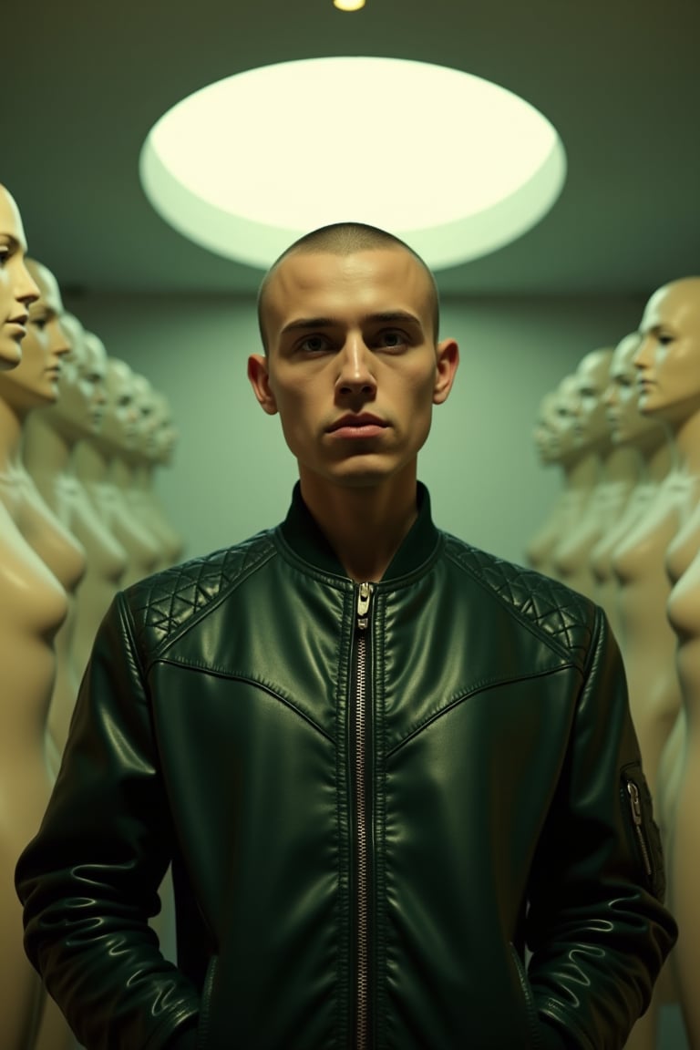 In a cinematic, high-contrast scene reminiscent of Stanley Kubrick's visual style, a young Russian man with a shaved head and solemn expression, wearing a deep green leather bomber with intricate geometric patterns, stands against a blurry, eerie backdrop of a wall lined with rows of white, expressionless mannequin heads. Soft, warm, golden light from a large, diffuse key light source above and subtle, cool, diffuse light from the sides create a contemplative atmosphere, emphasized by the shallow depth of field and graininess of the film. Surrealism