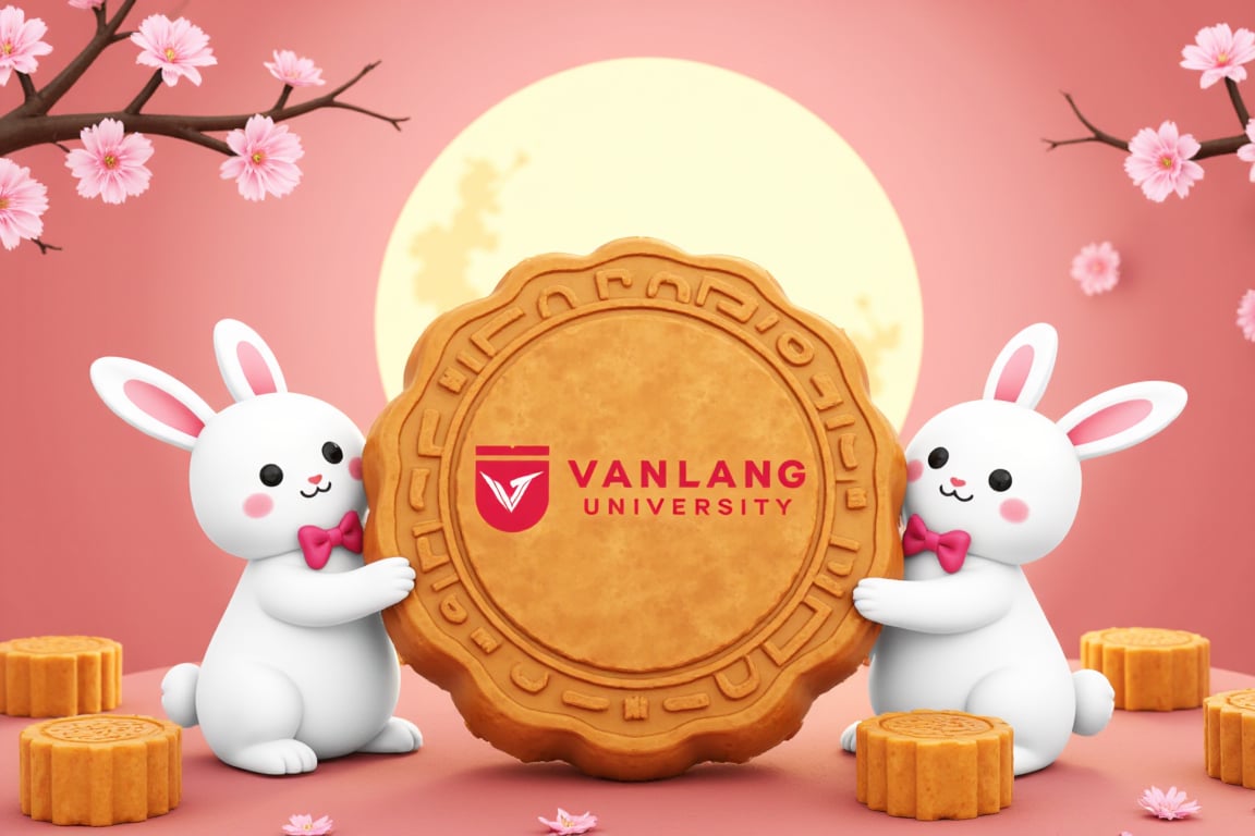 The big mooncake in the image is round and features intricate designs along its edges. The center of the mooncake has tVLU Logo with 'Van Lang University' text inscribed in a decorative font. The border of the mooncake is adorned with a detailed pattern that adds to its festive appearance. The mooncake is held by two white rabbits, each wearing a pink bow tie, against a backdrop of a bright full moon and cherry blossom branches. The ground is covered with smaller mooncakes, creating a whimsical and celebratory scene.