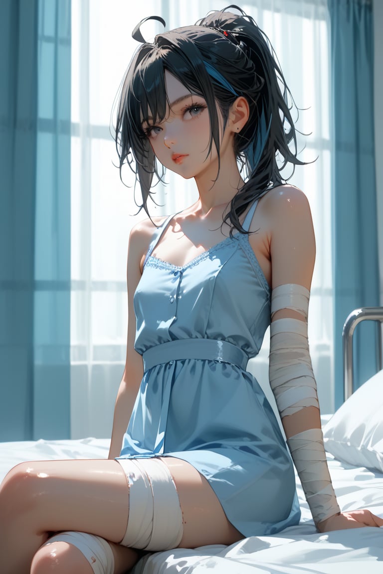 score_9, score_8_up, score_7_up, 1girl, 23-year-old female thief wearing a light blue hospital gown, sitting in bed in a hospital room, looking to the side, bandaged arm, bandaged leg, flat chest, half portrait, black eyes, ponytail, sidelocks, straight hair, hair between eyes, ahoge, black hair, streaked hair, (hospital gown),Beautiful eyes