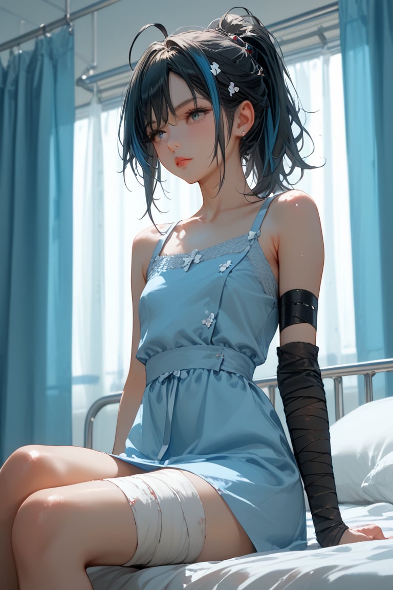 score_9, score_8_up, score_7_up, 1girl, 23-year-old female thief wearing a light blue hospital gown, sitting in bed in a hospital room, looking to the side, bandaged arm, bandaged leg, flat chest, half portrait, black eyes, ponytail, sidelocks, straight hair, hair between eyes, ahoge, black hair, streaked hair, (hospital gown),