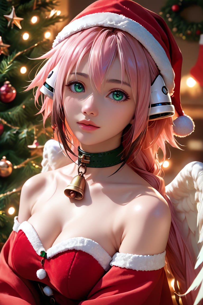 core_9, score_8_up, score_7_up, ikaros,pink hair,collar,angel wings,robot ears, green eyes, bell, christmas, red headwear, santa hat, santa costume, christmas tree, christmas ornaments, detailed eyes