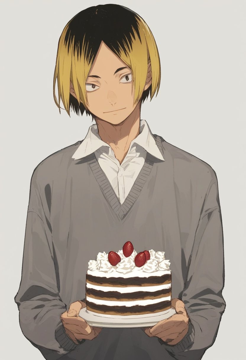 score_9, score_8_up, score_7_up, source_anime, highly detailed, kenma, 1boy, male focus, solo, blonde hair, multicolored hair, two-tone hair, black hair, school uniform, shirt, white shirt, sweater, grey sweater, skinny,indoor, white_background, happy_birthday, cake, happy_face