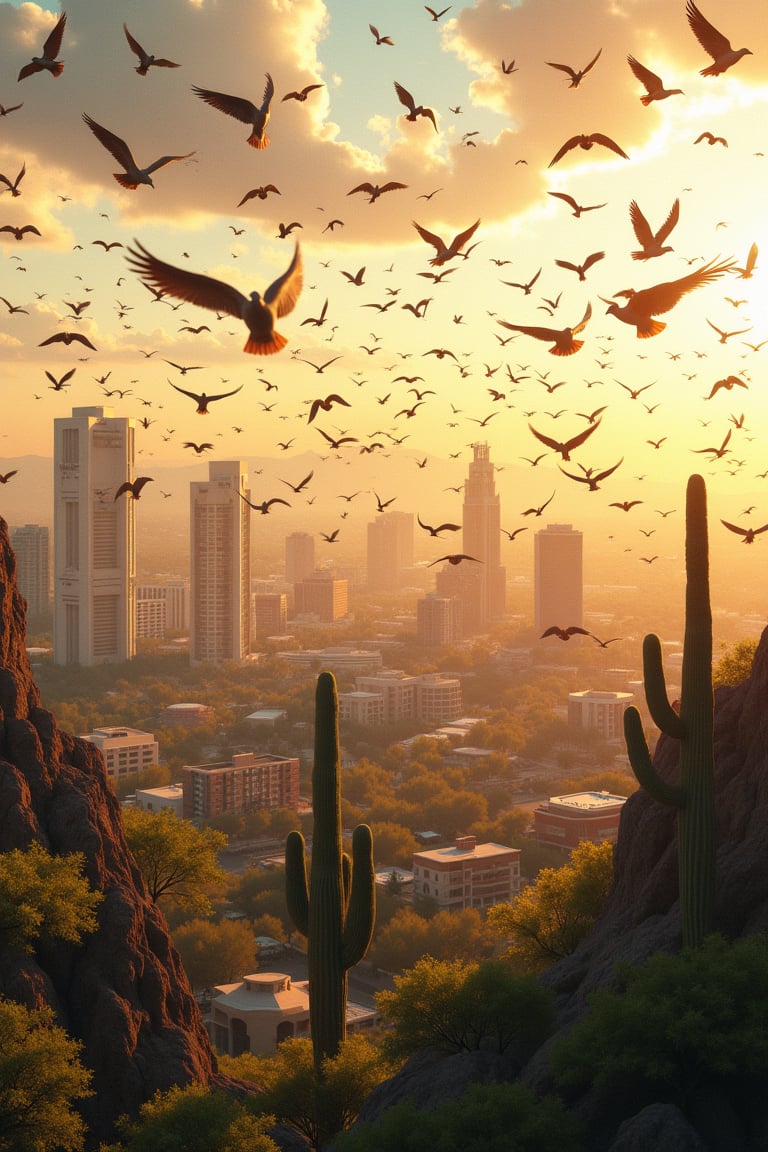 Vast flock of birds in varied plumage descends upon the majestic cityscape of Phoenix, Arizona. Sun-kissed buildings and lush greenery provide a vibrant backdrop as the birds, some with outstretched wings, others in mid-air formation, converge on the metropolis. Golden light casts long shadows amidst the urban landscape.