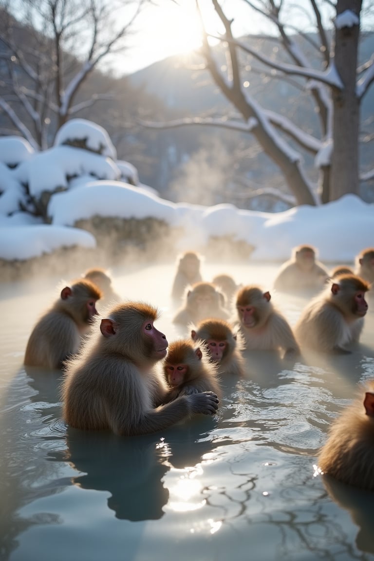 A serene winter morning at Jigokudani Monkey Park, with snow-covered trees and misty fog gently rising from the hot springs. A troop of Japanese wild macaques gather around the steaming waters, their fur fluffed up against the chill, as they lazily bathe and groom each other. Soft morning light casts a warm glow on the scene, with subtle shadows accentuating the playful antics of the monkeys.