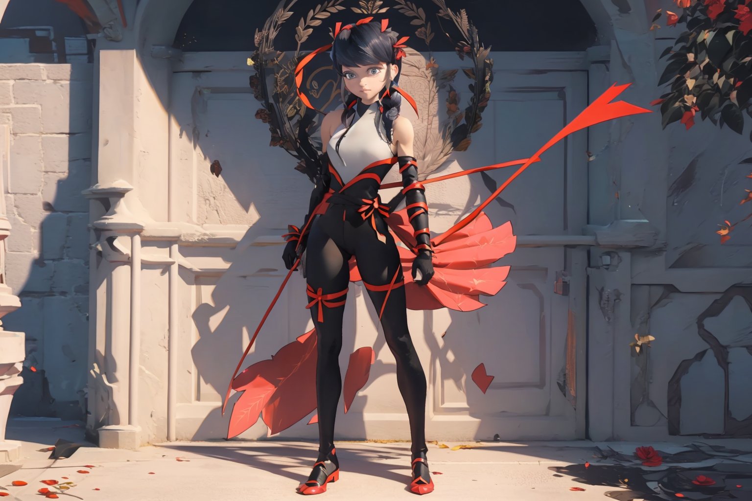 Hyperrealistic, photorealistic, super detailed, volumetric lighting, {vine-covered fortress wall with roses growing along it}, ((full body view)), Marinette Dupain-Cheng standing near gates in a wall (wearing leather armour with metal shoulderpads) and (holding a hunter's bow), ((black hair in tight braid with red ribbon)), {{defensive stance}}, dark circles under eyes, muscular physique, tanned skin, fingerless gloves, medium breasts