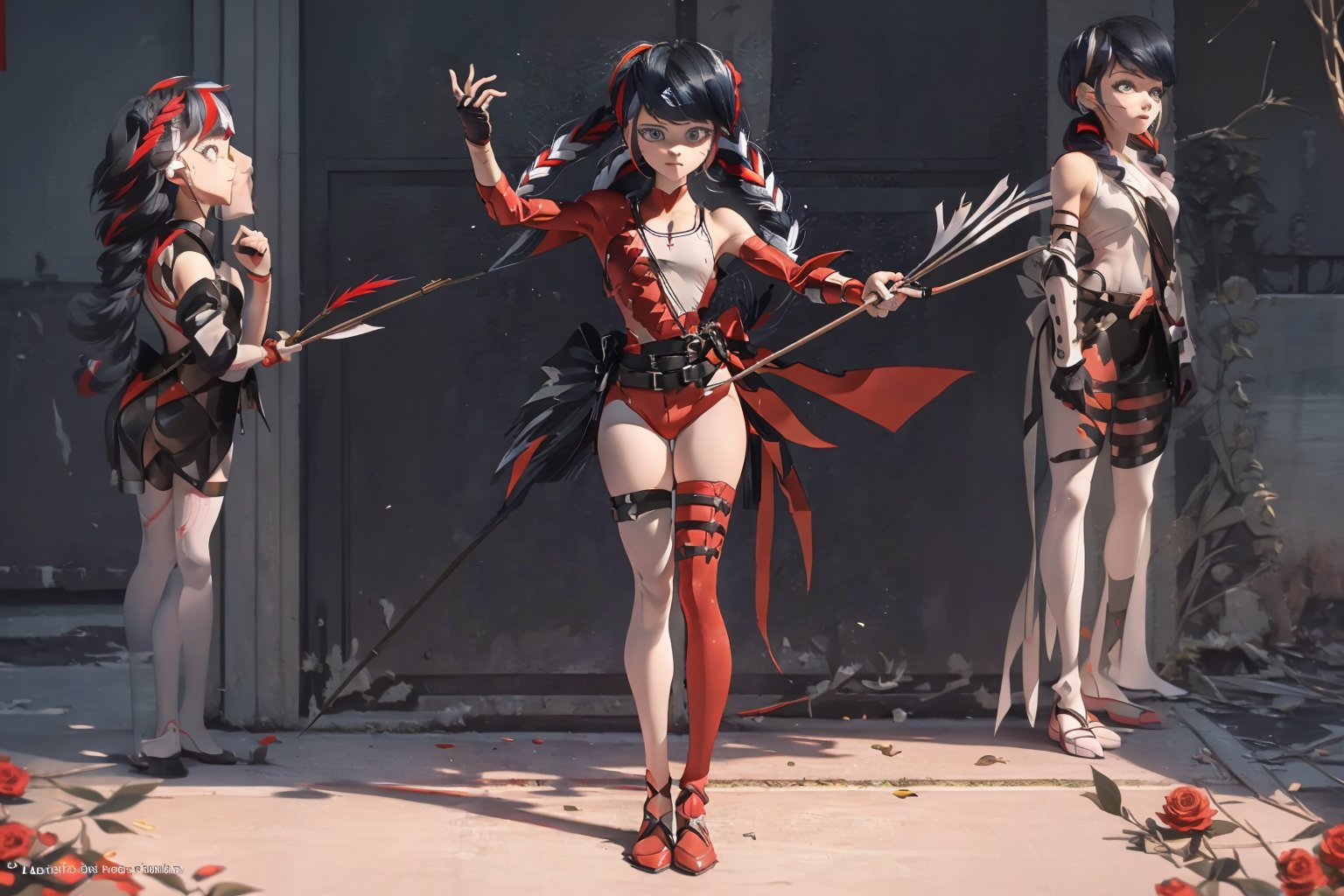 Hyperrealistic, photorealistic, super detailed, volumetric lighting, {vine-covered fortress wall with roses growing along it}, ((full body view)), Marinette Dupain-Cheng standing near gates in a wall (wearing leather armour with metal shoulderpads) and (holding a hunter's bow), ((black hair in tight braid with red streak)), {{concerned look}}, dark circles under eyes, muscular physique, tanned skin, fingerless gloves, medium breasts