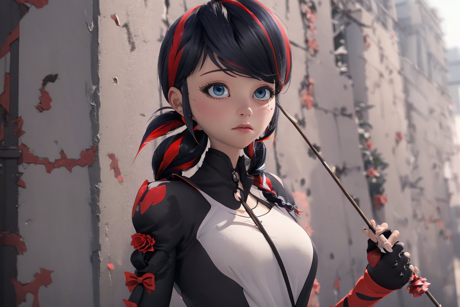 Hyperrealistic, photorealistic, super detailed, volumetric lighting, vine-covered fortress wall with roses growing along it, {{full body view}}, Marinette Dupain-Cheng standing near gates in a wall (wearing chainrings armour) and (holding a hunter's bow), ((black hair in tight braid with red streak)), {{concerned look}}, dark circles under eyes, muscular physique, tanned skin, fingerless gloves, medium breasts