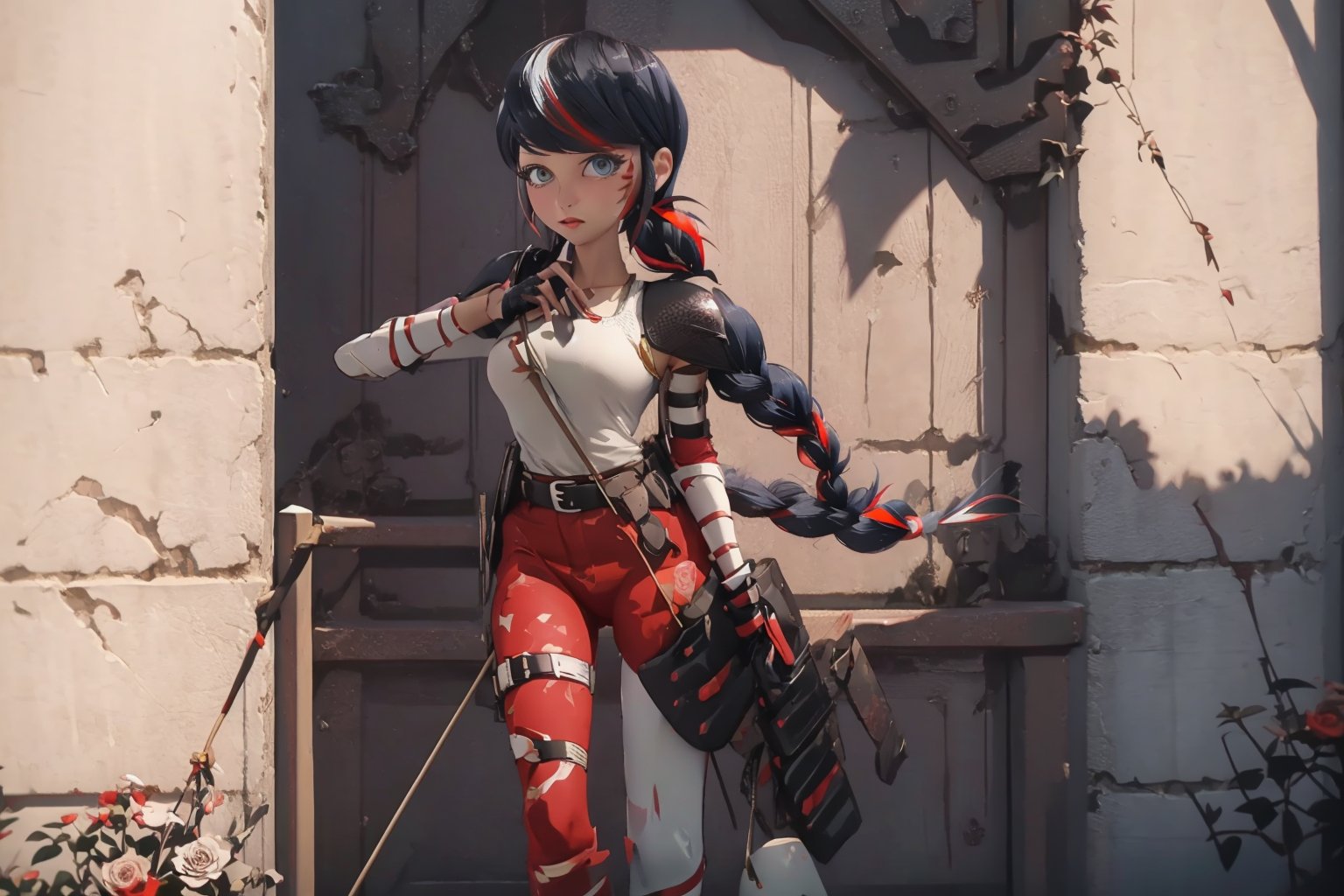 Hyperrealistic, photorealistic, super detailed, volumetric lighting, vine-covered fortress wall with roses growing along it, {{full body view}}, Marinette Dupain-Cheng standing near gates in a wall (wearing leather armour with metal shoulderpads) and (holding a hunter's bow), ((black hair in tight braid with red streak)), {{concerned look}}, dark circles under eyes, muscular physique, tanned skin, fingerless gloves, medium breasts