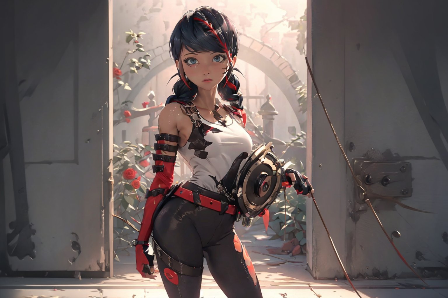 Hyperrealistic, photorealistic, super detailed, volumetric lighting, vine-covered fortress wall with roses growing along it, {{full body view}}, Marinette Dupain-Cheng standing near gates in a wall (wearing chainrings armour) and (holding a hunter's bow), ((black hair in tight braid with red streak)), {{concerned look}}, dark circles under eyes, muscular physique, tanned skin, fingerless gloves, medium breasts