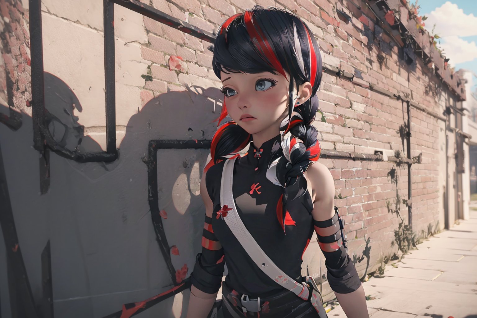 Hyperrealistic, photorealistic, super detailed, volumetric lighting, vine-covered fortress wall with roses growing along it, {{full body view}}, Marinette Dupain-Cheng standing near gates in a wall (wearing chainrings armour) and (holding a hunter's bow), ((black hair in tight braid with red streak)), {{concerned look}}, dark circles under eyes, muscular physique, tanned skin, fingerless gloves, medium breasts